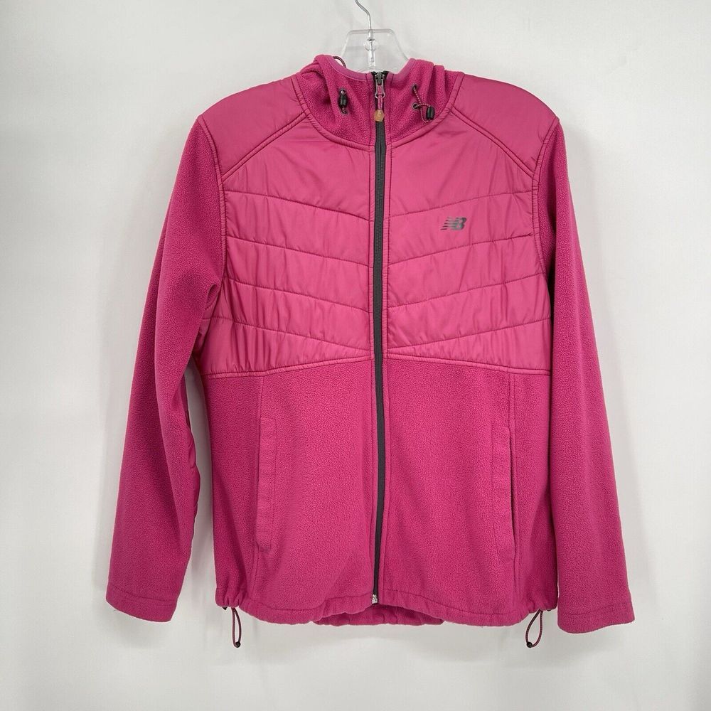 New Balance Large Hybrid Fleece Puffer Jacket Womens Pink Hooded Full Zip